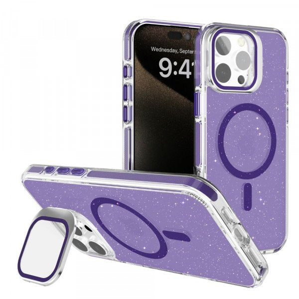 Clear Crystal Glitter Magnetic Case with Camera Protection & Kickstand for iPhone 16 Pro Max