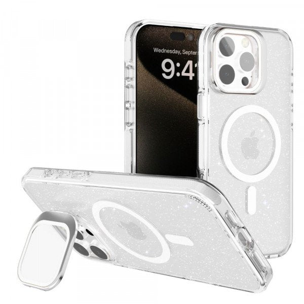 Clear Crystal Glitter Magnetic Case with Camera Protection & Kickstand for iPhone 16 Pro Max