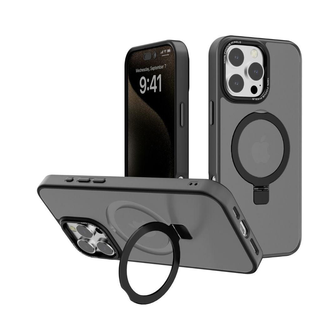 Sleek Metallic Finish Protective Armor Magnetic Magsafe Ring Stand Phone Case, Metallic Buttons, Shockproof, for Apple iPhone 16 Pro Max