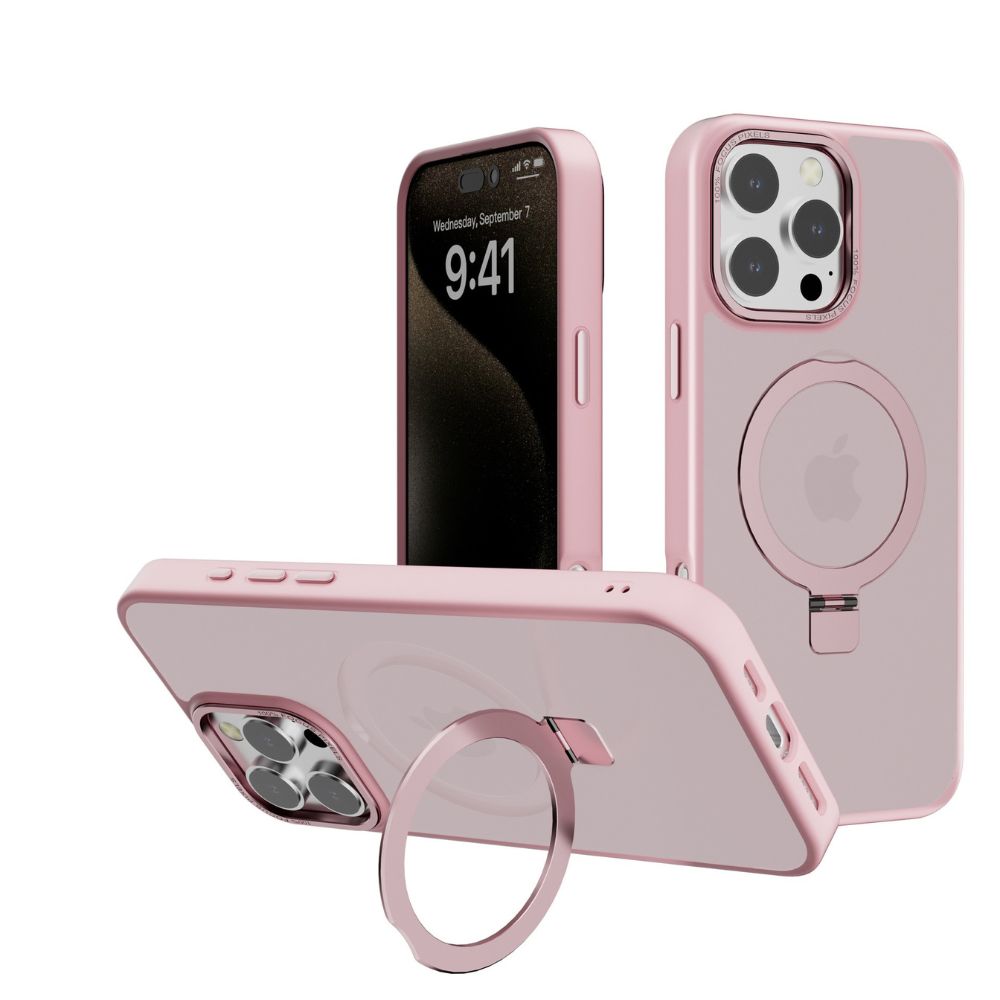 Sleek Metallic Finish Protective Armor Magnetic Magsafe Ring Stand Phone Case, Metallic Buttons, Shockproof, for Apple iPhone 16 Pro Max