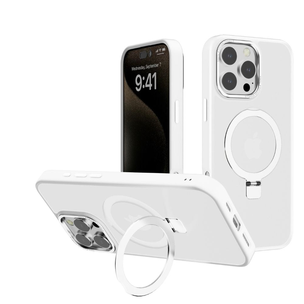 Sleek Metallic Finish Protective Armor Magnetic Magsafe Ring Stand Phone Case, Metallic Buttons, Shockproof, for Apple iPhone 16 Pro Max