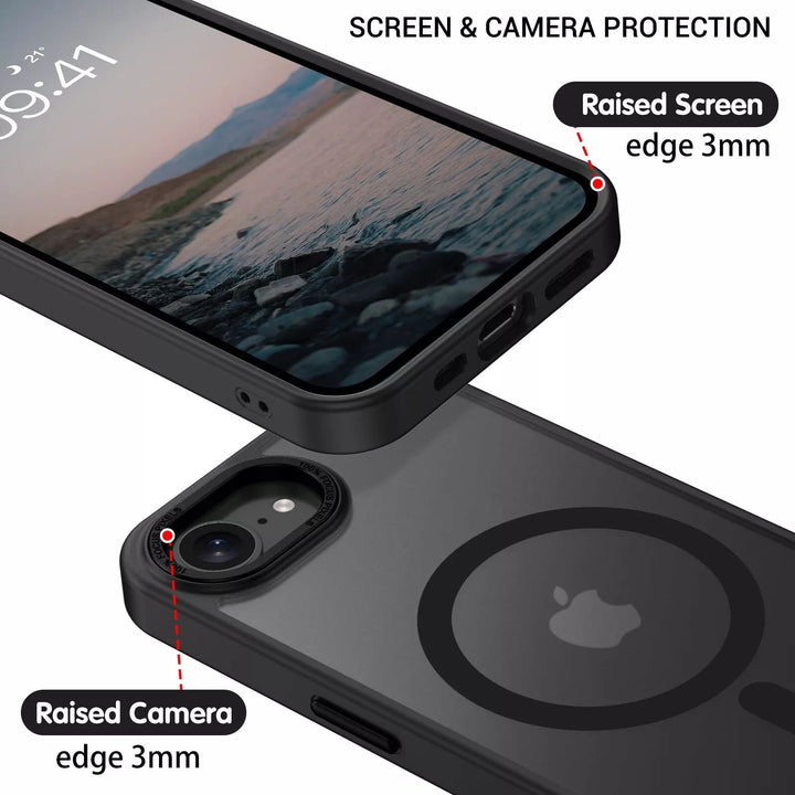 Magnetic MagSafe Hybrid Cover Case with Stainless Camera Edge & Button Shields for Apple iPhone 16e - Enhanced Protection