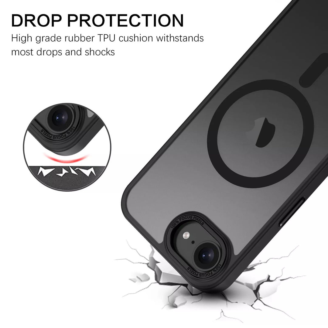 Magnetic MagSafe Hybrid Cover Case with Stainless Camera Edge & Button Shields for Apple iPhone 16e - Enhanced Protection