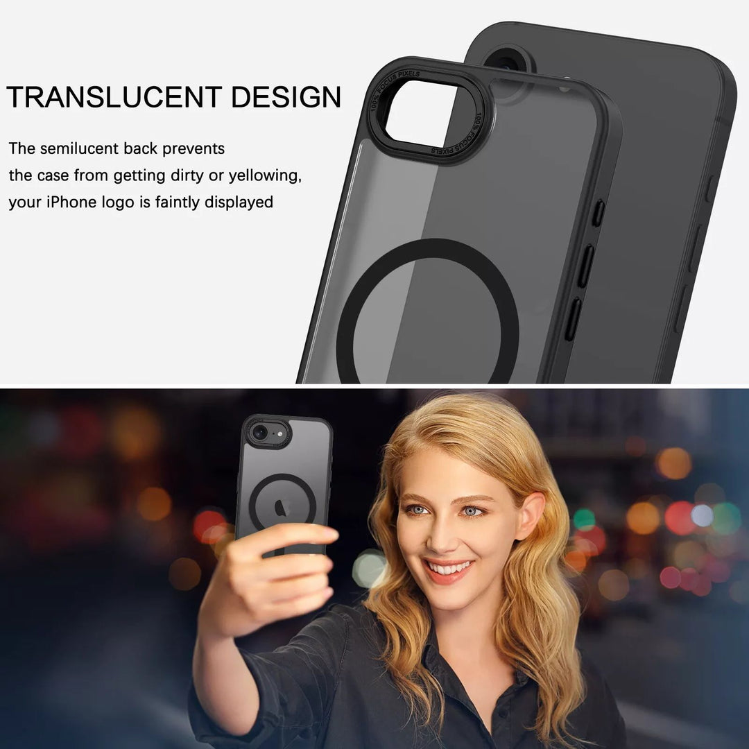 Magnetic MagSafe Hybrid Cover Case with Stainless Camera Edge & Button Shields for Apple iPhone 16e - Enhanced Protection