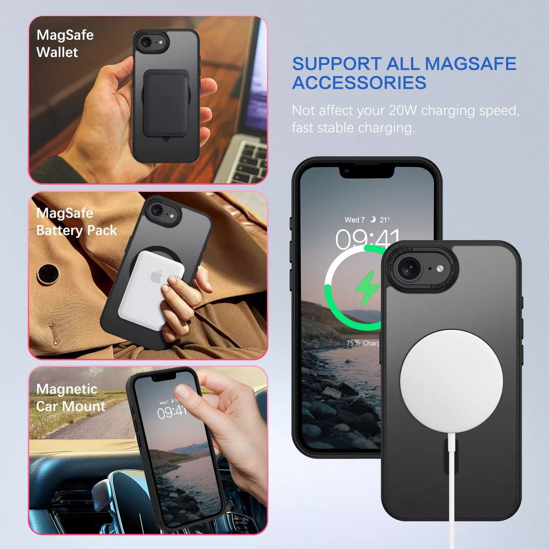 Magnetic MagSafe Hybrid Cover Case with Stainless Camera Edge & Button Shields for Apple iPhone 16e - Enhanced Protection