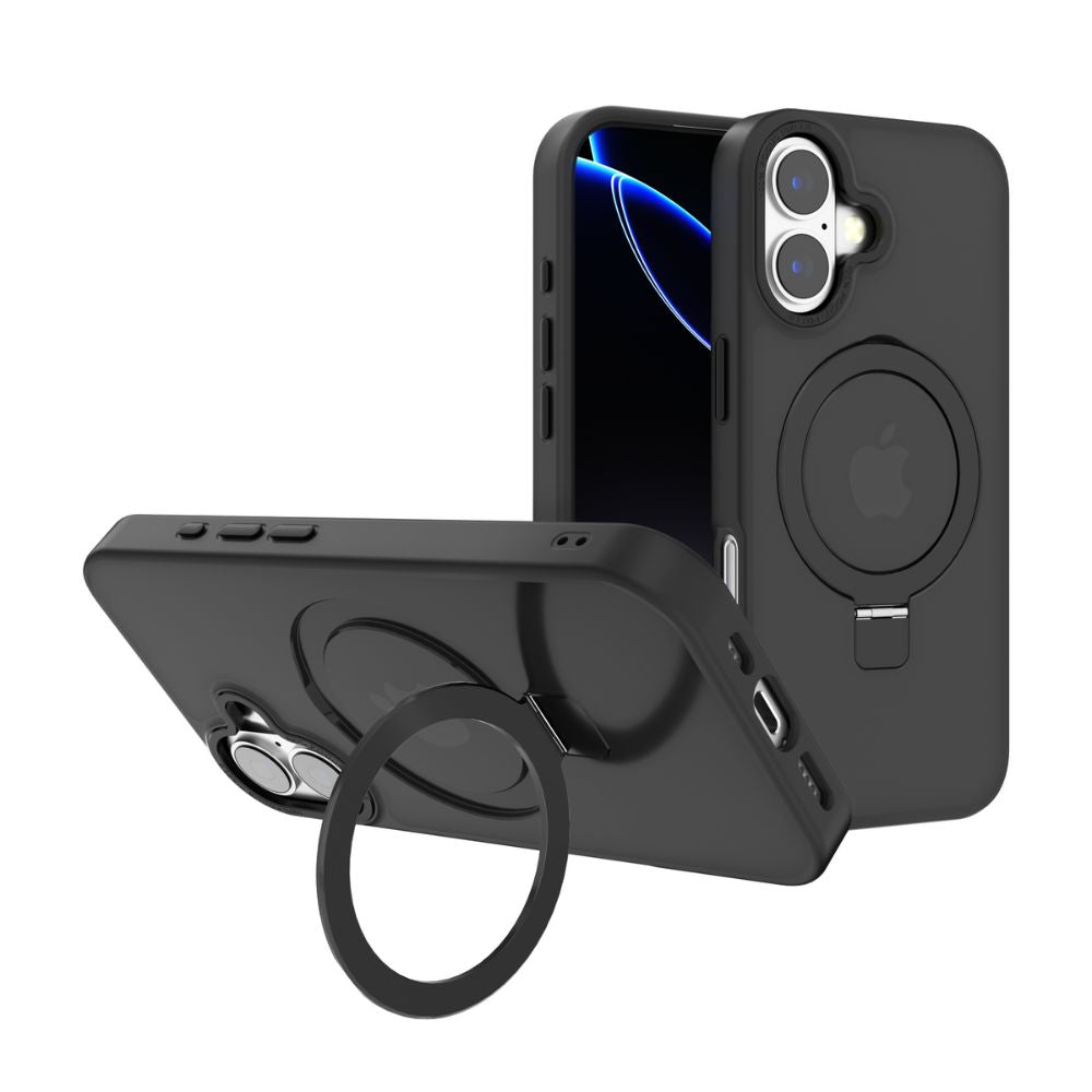 Sleek Metallic Armor MagSafe Magnetic Ring Stand Protective Phone Case with Metallic Buttons - For Apple iPhone 17