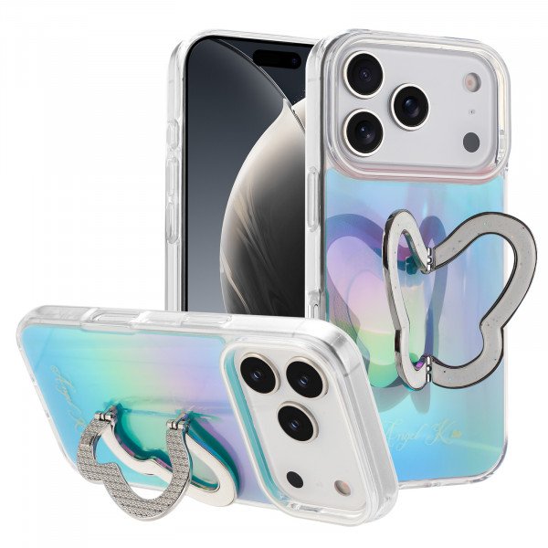 Glitter Butterfly Kickstand Phone Case with Rainbow Gradient – Sparkling Style & Hands-Free Stand for Apple iPhone 17 Pro