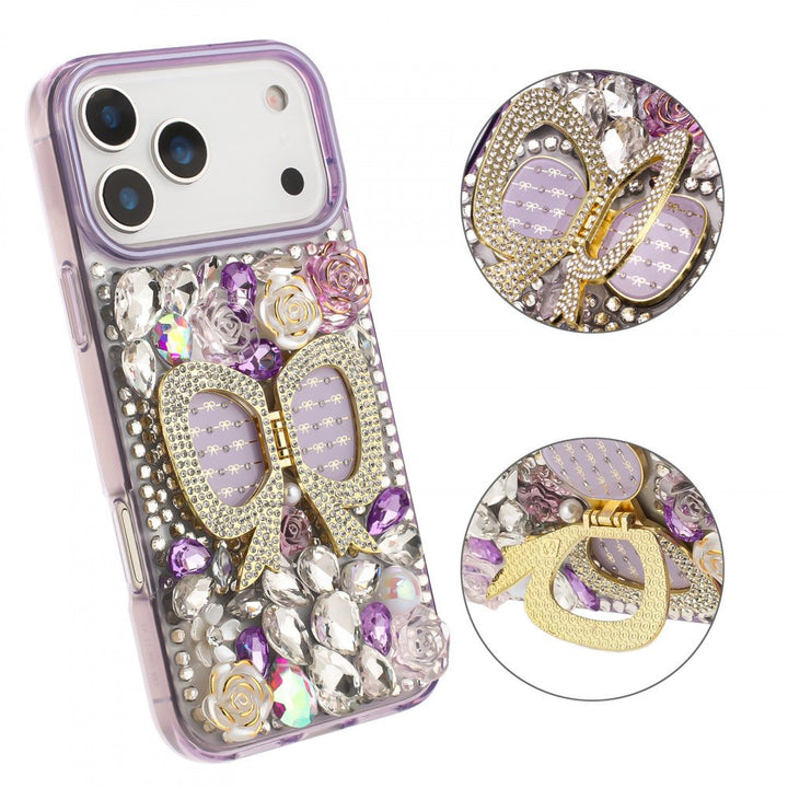 Shiny Butterfly Kickstand Phone Case with Bling Diamond Rhinestone Flower Design for Apple iPhone 17 Pro Max