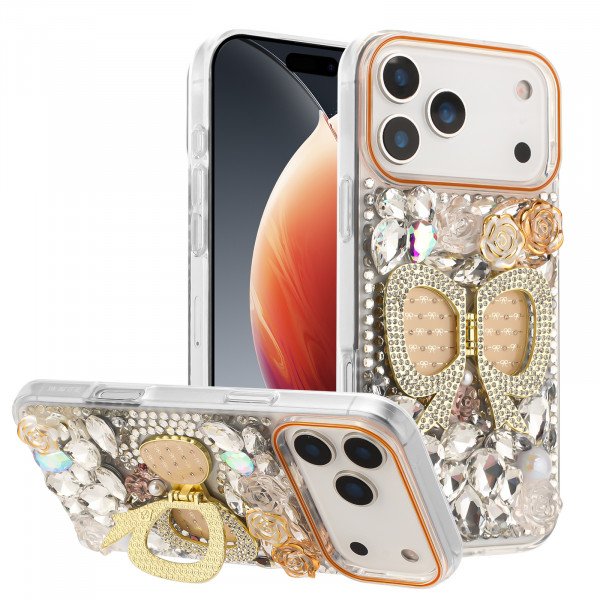 Shiny Butterfly Kickstand Phone Case with Bling Diamond Rhinestone Flower Design for Apple iPhone 17 Pro Max