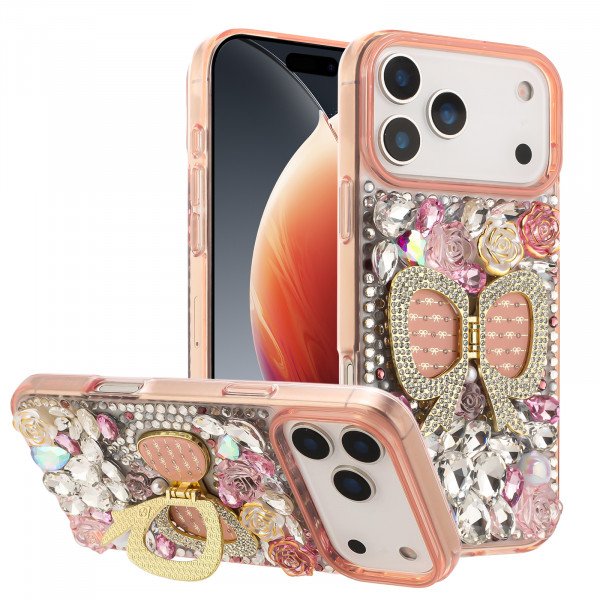 Shiny Butterfly Kickstand Phone Case with Bling Diamond Rhinestone Flower Design for Apple iPhone 17 Pro Max