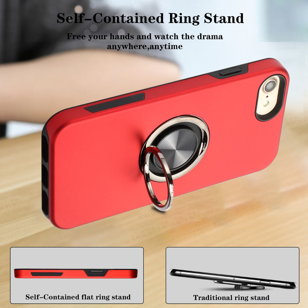 Glossy Dual Layer Armor Hybrid Stand Metal Plate Flat Ring Case, Shockproof and Slim, Compatible with iPhone 8 Plus / 7 Plus