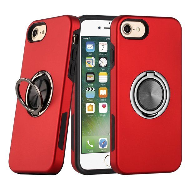 Glossy Dual Layer Armor Hybrid Stand Metal Plate Flat Ring Case, Shockproof and Slim, Compatible with iPhone 8 Plus / 7 Plus