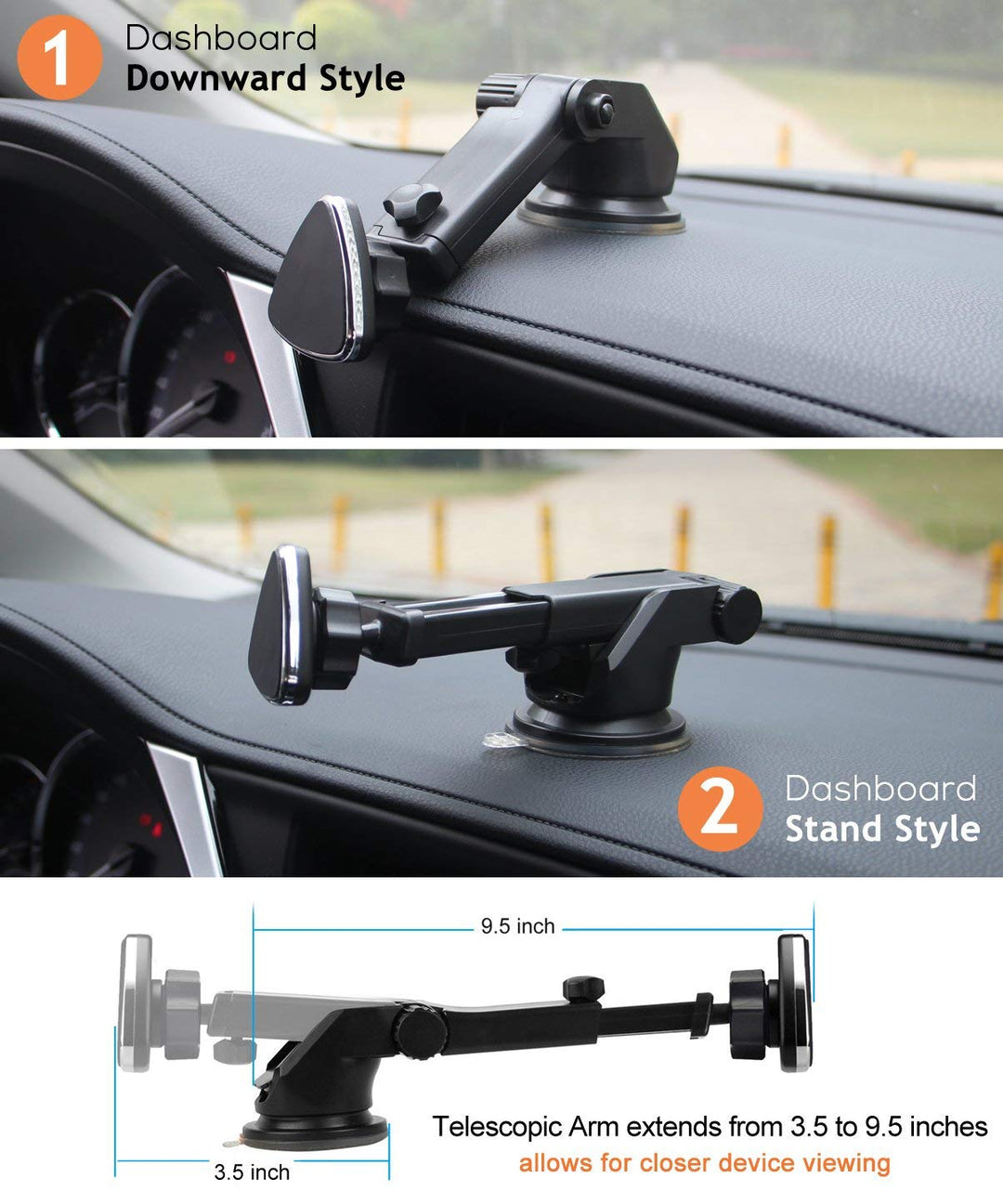 Premium Magnetic Tri Design Long Windshield & Dashboard Car Mount Holder with Strong Grip