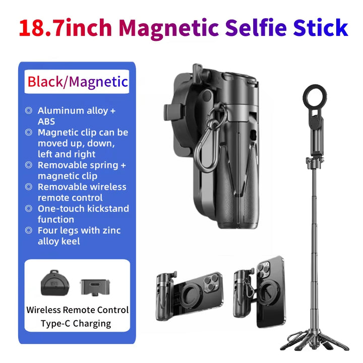 3-in-1 Magnetic Selfie Stick Tripod with Wireless Remote – Portable Phone Grip Stand for Photography & Vlogging