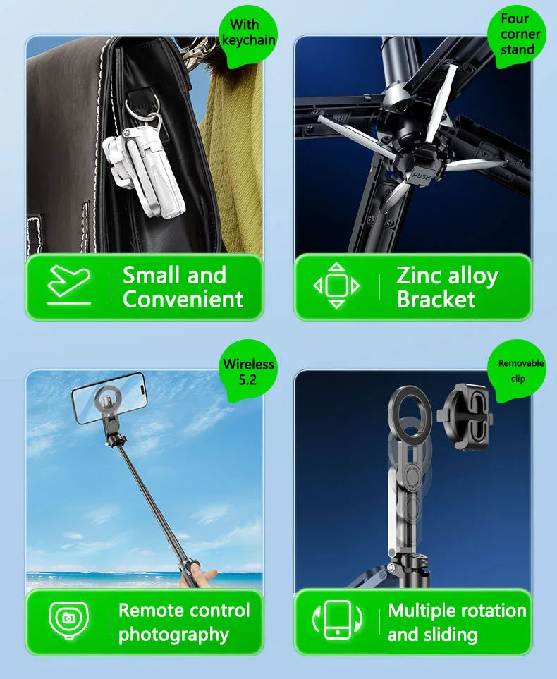 3-in-1 Magnetic Selfie Stick Tripod with Wireless Remote – Portable Phone Grip Stand for Photography & Vlogging
