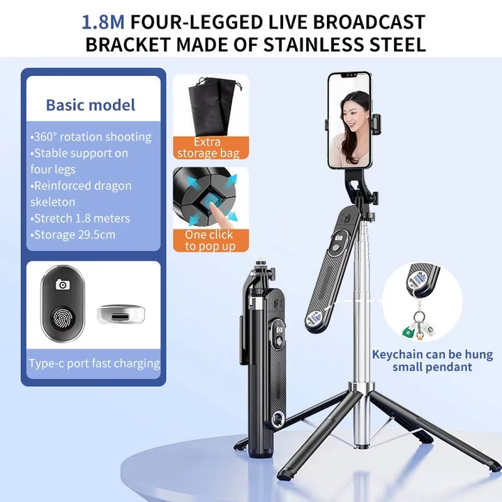 Professional Heavy Duty Selfie Stick with 1.8M Quadpod Stand, Wireless Remote & 360° Swivel Head