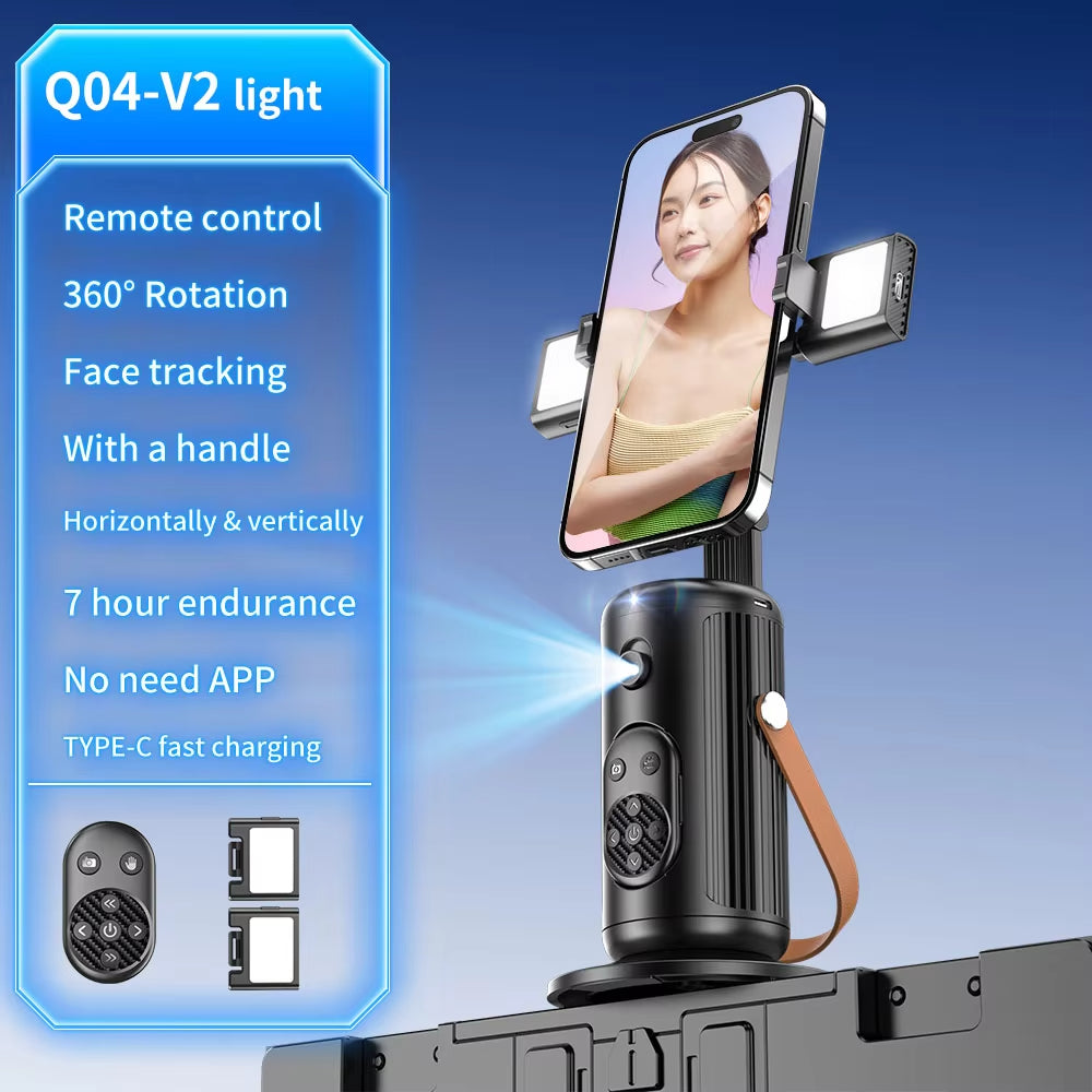 Auto Face Tracking Phone Holder Stand with Fill Light, 360° Rotation Smart Gimbal, Gesture Control