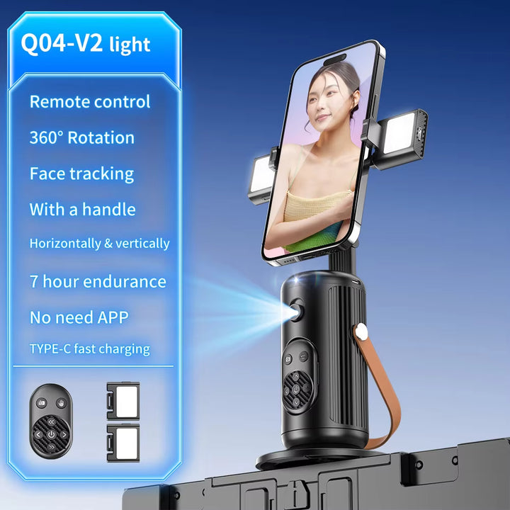 Auto Face Tracking Phone Holder Stand with Fill Light, 360° Rotation Smart Gimbal, Gesture Control