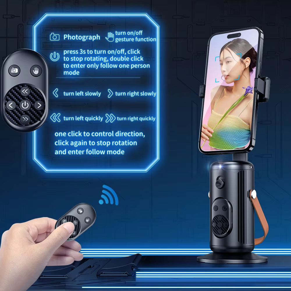 Auto Face Tracking Phone Holder Stand with Fill Light, 360° Rotation Smart Gimbal, Gesture Control