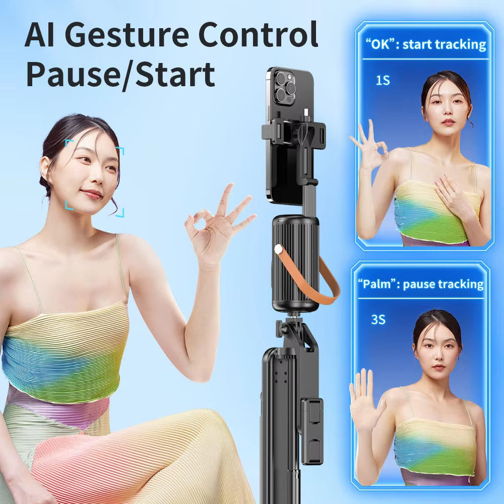 Auto Face Tracking Phone Holder Stand with Fill Light, 360° Rotation Smart Gimbal, Gesture Control