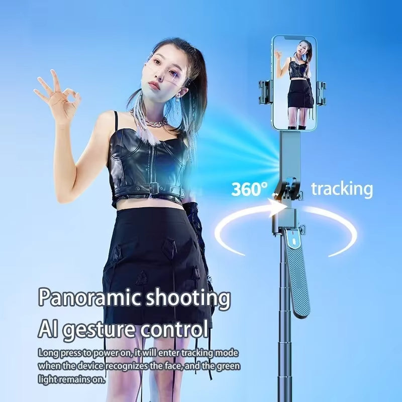 AI Auto Tracking Selfie Stick Tripod with 360° Rotation, Face Detection, Remote Control & Anti-Shake Gimbal