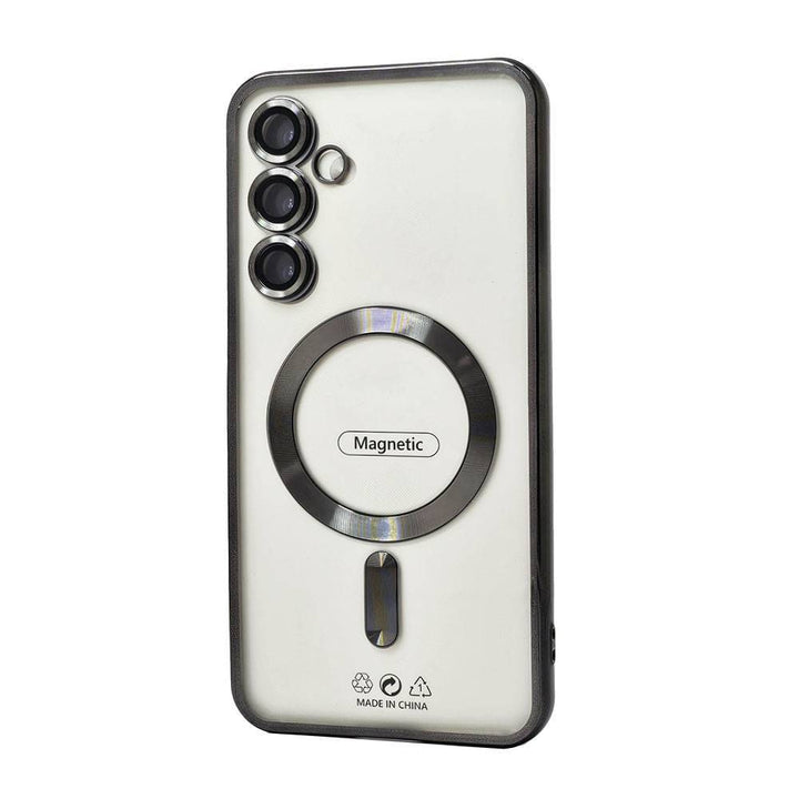 Slim Transparent Electroplated Chrome MagSafe Circle TPU Case with Camera Lens Protection for Samsung Galaxy S25 Plus 5G