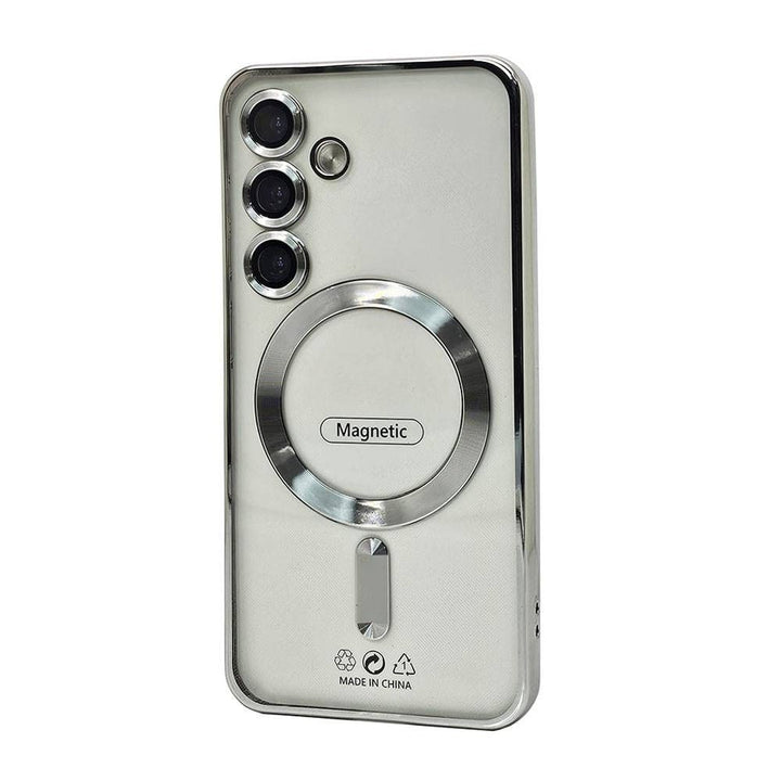 Slim Transparent Electroplated Chrome MagSafe Circle TPU Case with Camera Lens Protection for Samsung Galaxy S25 Plus 5G