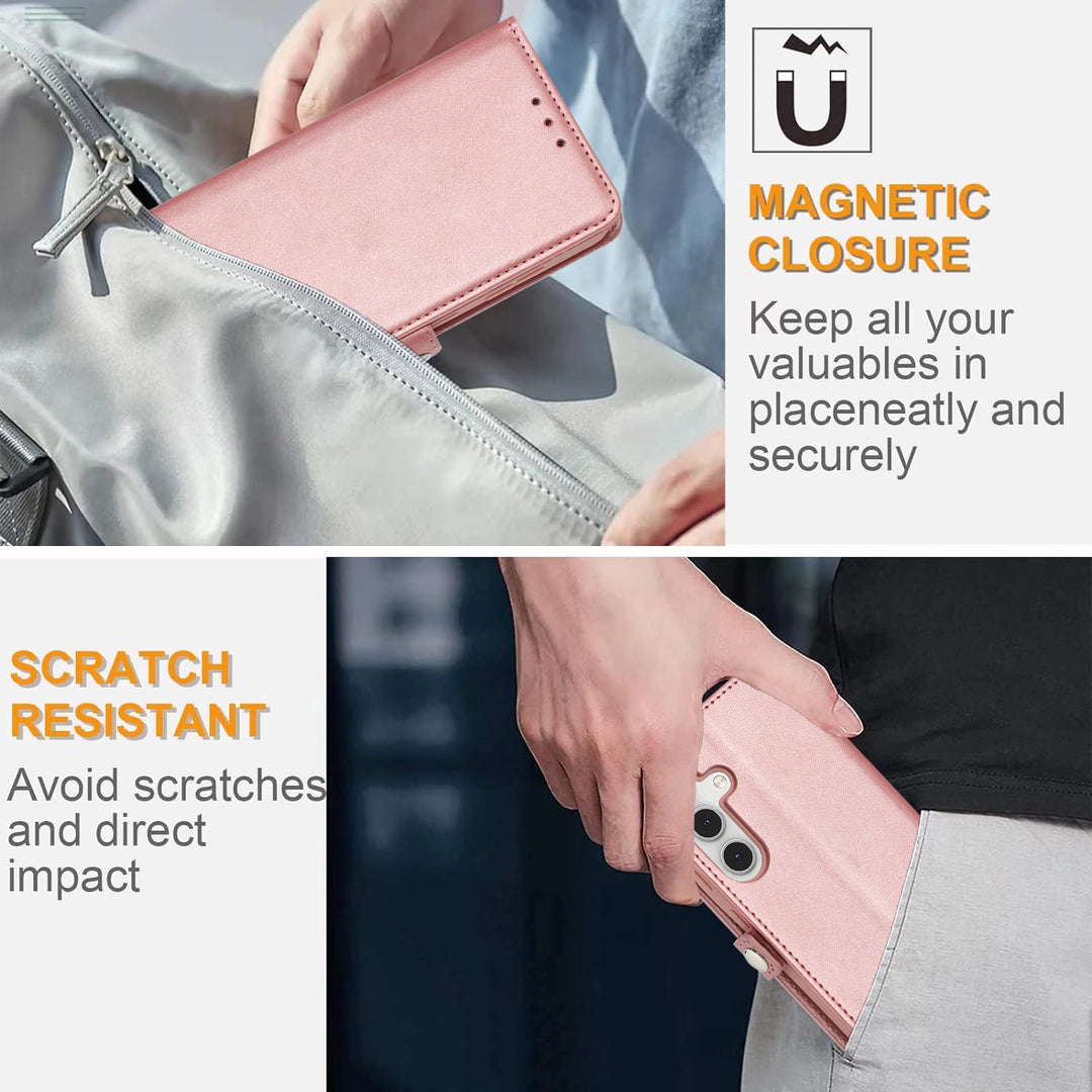 Premium PU Leather Folio Wallet Case w/ Card Holder & Wrist Strap, Shockproof, Kickstand, for Samsung Galaxy S25 Plus 5G