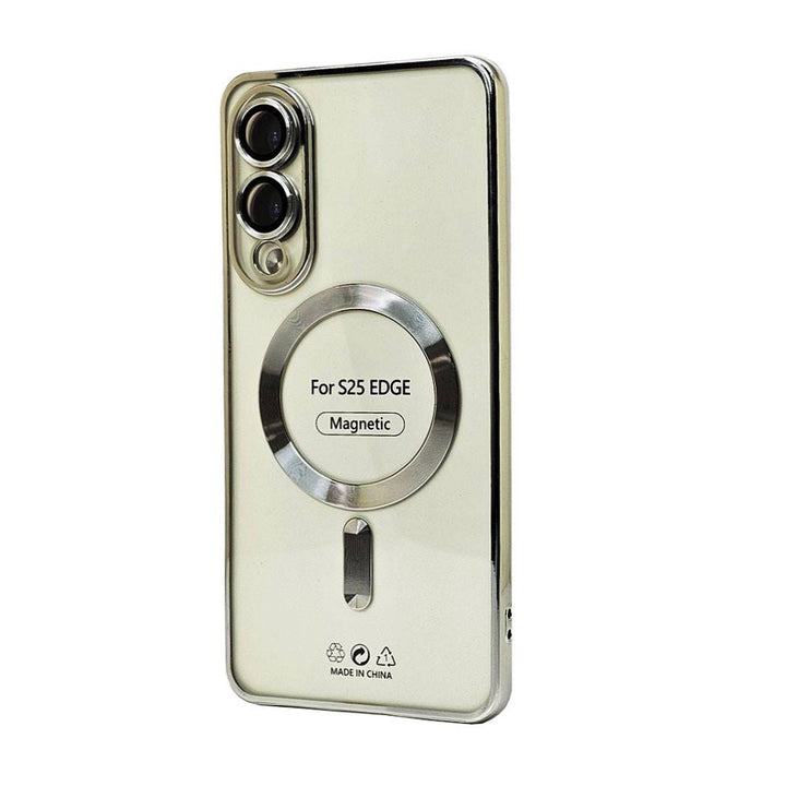 Electroplated Chrome MagSafe Magnetic TPU Cover Case w/ Camera Lens Protection for Samsung Galaxy S25 Edge