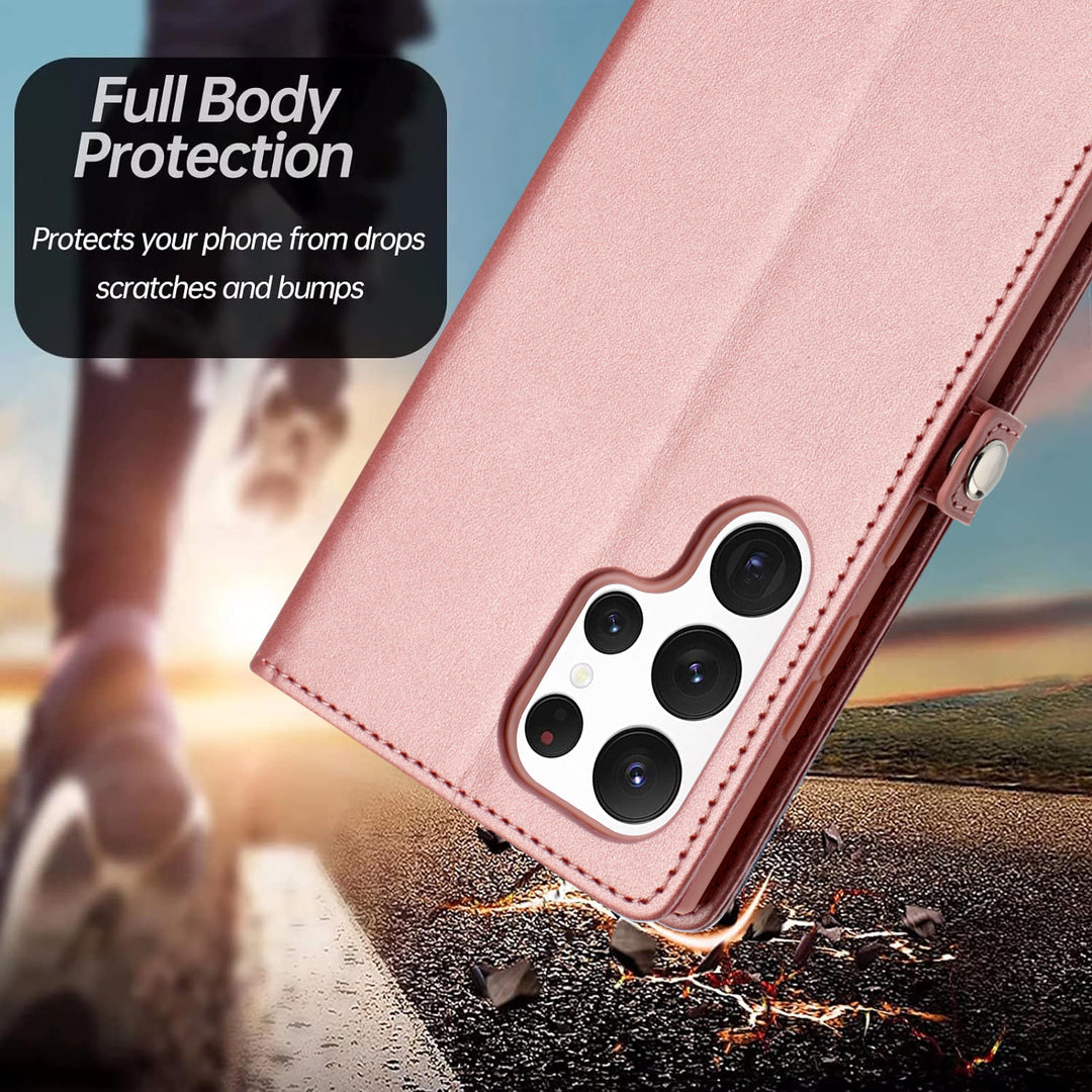 Premium PU Leather Folio Wallet Case with Card Holder Slots, Wrist Strap & Kickstand for Samsung Galaxy S25 Ultra 5G