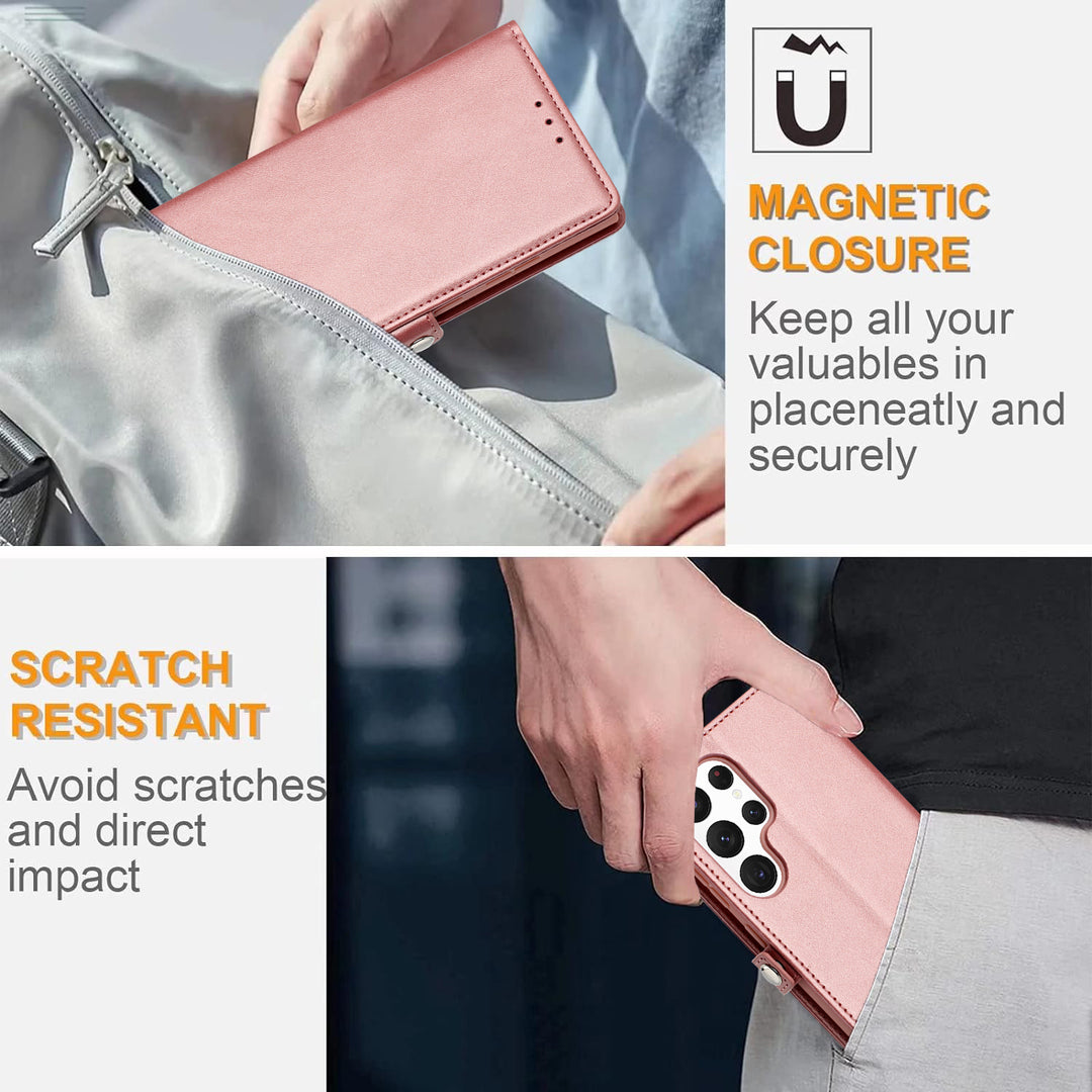Premium PU Leather Folio Wallet Case with Card Holder Slots, Wrist Strap & Kickstand for Samsung Galaxy S25 Ultra 5G