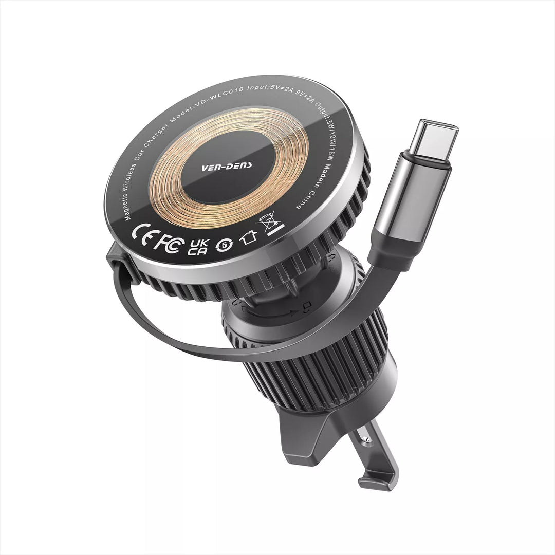 15W Fast Magnetic Wireless Car Charger Air Vent Mount with Auto-Retractable USB-C Cable with Magsafe Built-In