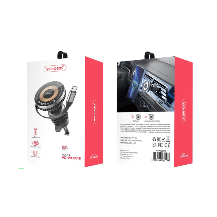 15W Fast Magnetic Wireless Car Charger Air Vent Mount with Auto-Retractable USB-C Cable with Magsafe Built-In
