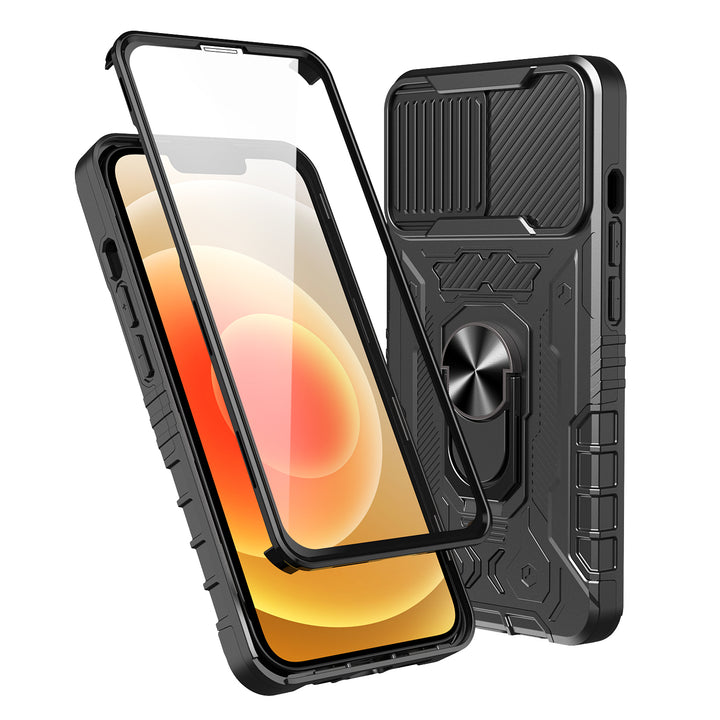 Full Body Tech Ring Stand Case with Built-In Screen Protector and Lens Cover - Rugged, Lightweight & Shockproof for Apple iPhone 13 (6.1)
