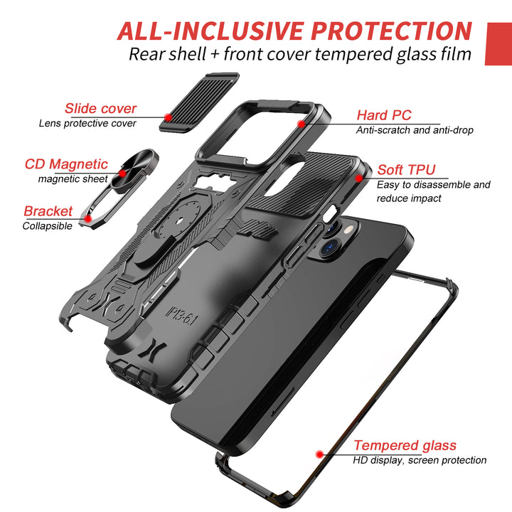 Full Body Tech Ring Stand Case with Built-In Screen Protector and Lens Cover - Rugged, Lightweight & Shockproof for Apple iPhone 13 (6.1)