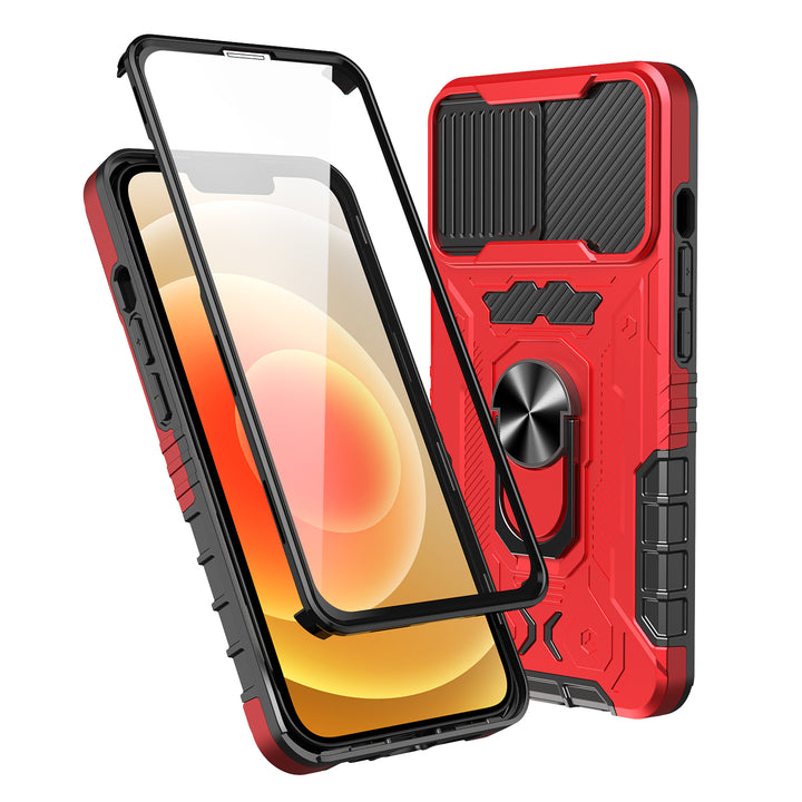 Full Body Tech Ring Stand Case with Built-In Screen Protector and Lens Cover - Rugged, Lightweight & Shockproof for Apple iPhone 13 (6.1)