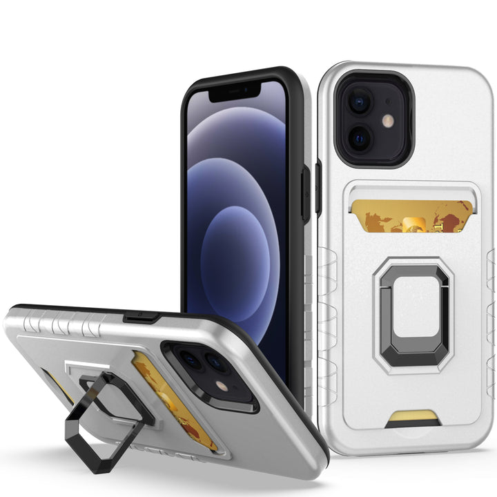 Square Ring Stand Holder with Card Slot Hybrid Case-Shockproof, Anti-Scratch, Dustproof, Lightweight & Rugged for Apple iPhone 13 (6.1)