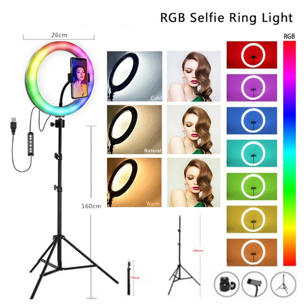 RGB Light 10 Inch Selfie Ring Light with 76 Inch Tripod & 3 Phone Holders for Live Stream, Makeup & More