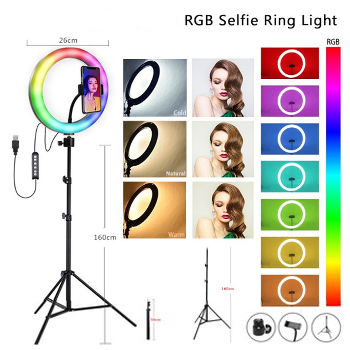 RGB Light 10 Inch Selfie Ring Light with 76 Inch Tripod & 3 Phone Holders for Live Stream, Makeup & More