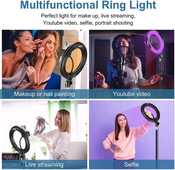 RGB Light 10 Inch Selfie Ring Light with 76 Inch Tripod & 3 Phone Holders for Live Stream, Makeup & More