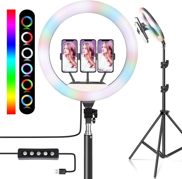 14" RGB Ring Light with Desk Tripod Stand, 18 Dimmable Modes, 3 Cell Phone Holders, Professional LED Lighting