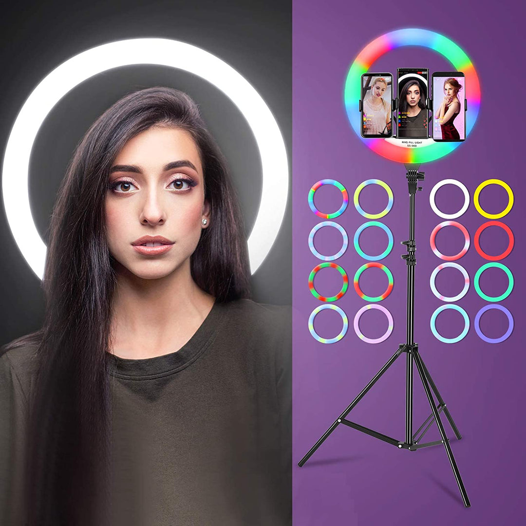 14" RGB Ring Light with Desk Tripod Stand, 18 Dimmable Modes, 3 Cell Phone Holders, Professional LED Lighting