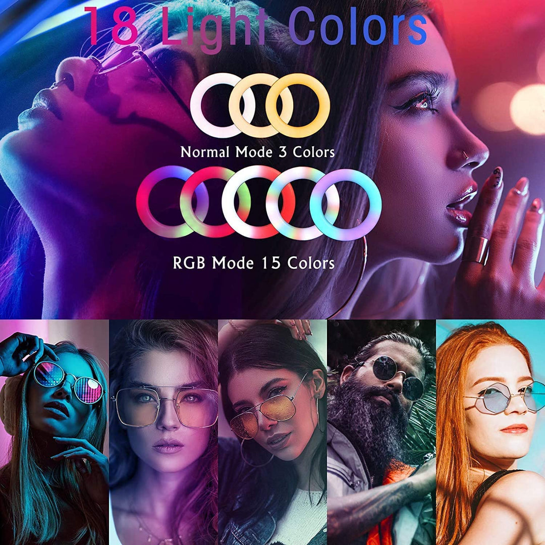 14" RGB Ring Light with Desk Tripod Stand, 18 Dimmable Modes, 3 Cell Phone Holders, Professional LED Lighting