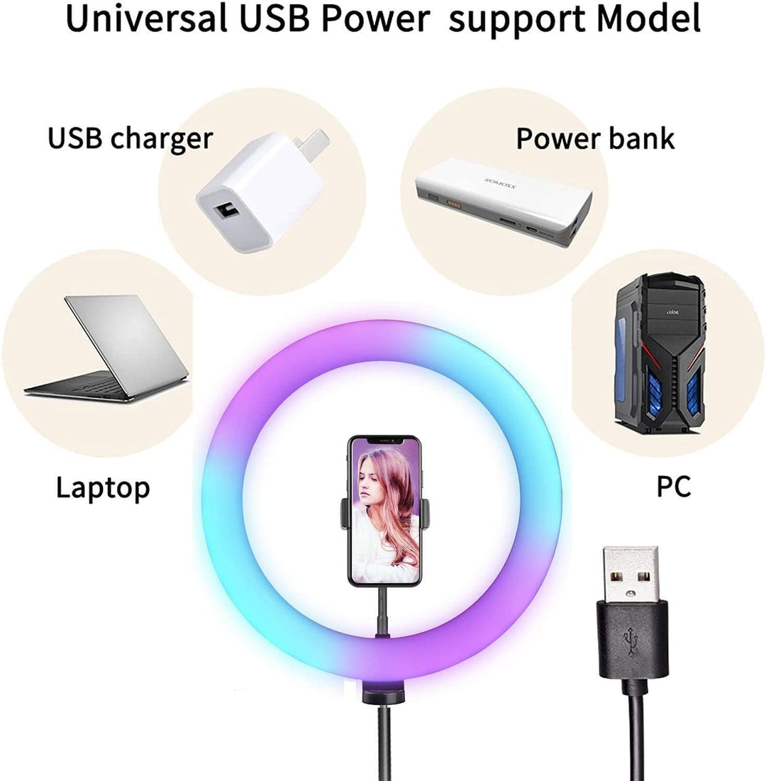 14" RGB Ring Light with Desk Tripod Stand, 18 Dimmable Modes, 3 Cell Phone Holders, Professional LED Lighting