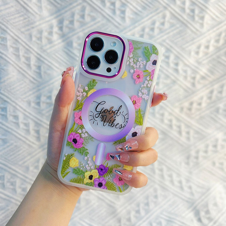 Flower Design MagSafe Clear Armor Case with Chrome Buttons for iPhone 14 [6.1]