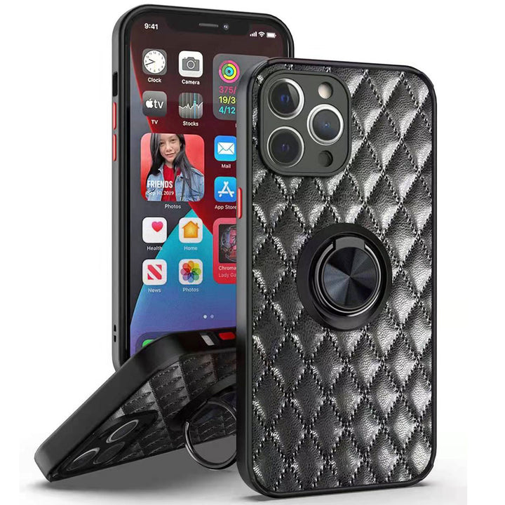 Slim Quilted PU Leather Luxury Shockproof 360 Ring Stand Protective Cover Phone Case with Kickstand for Apple iPhone 13 [6.1]