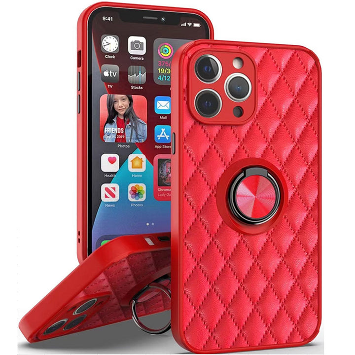 Slim Quilted PU Leather Luxury Shockproof 360 Ring Stand Protective Cover, Lightweight, Anti-Scratch, Apple iPhone 13 Pro