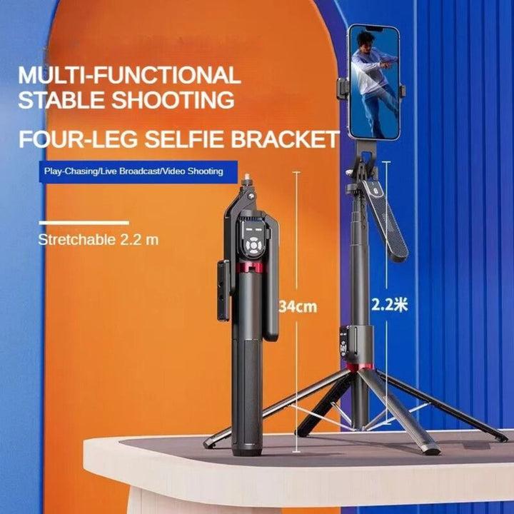Professional Heavy Duty 86in Selfie Stick & Extendable Quadpod Stand with 360° Swivel, Dual Wireless Remotes