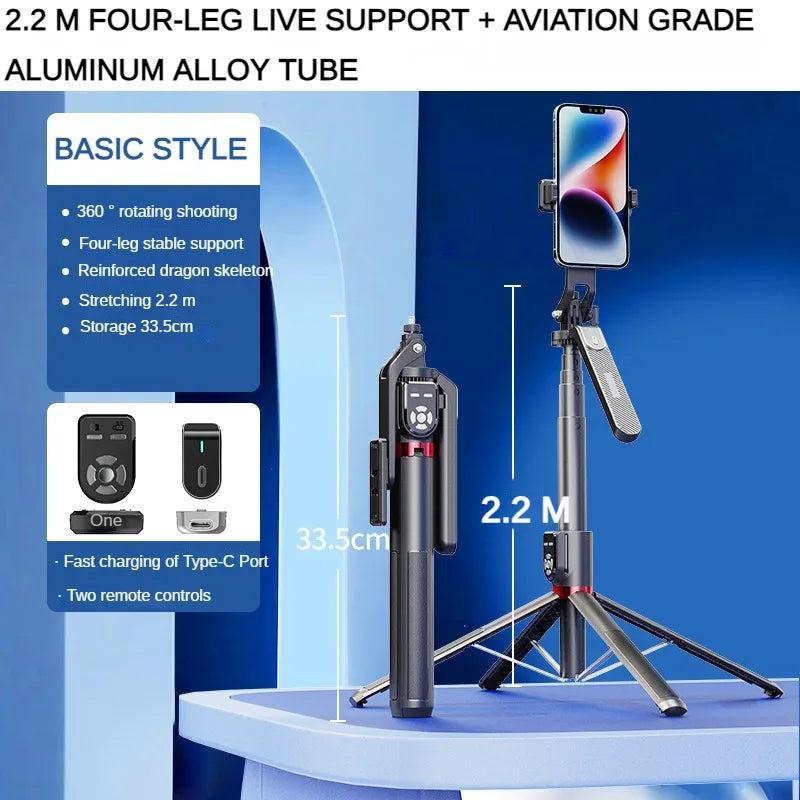 Professional Heavy Duty 86in Selfie Stick & Extendable Quadpod Stand with 360° Swivel, Dual Wireless Remotes